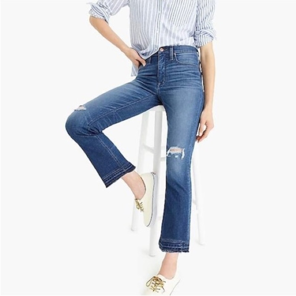 J. CREW Billie Demi Boot Crop Jeans in Warm Indigo Distressed Plus Size 32